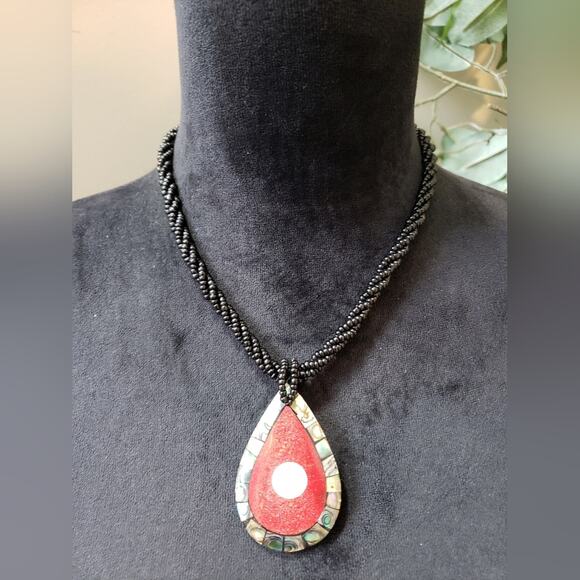 Womens Black Seed Bead Coral and Abalone Pendant Necklace with Button Closure - Picture 1 of 9